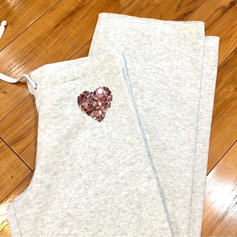 Gray Sweatpants sweats Pink sequin Heart Accent flare bottom wide leg
